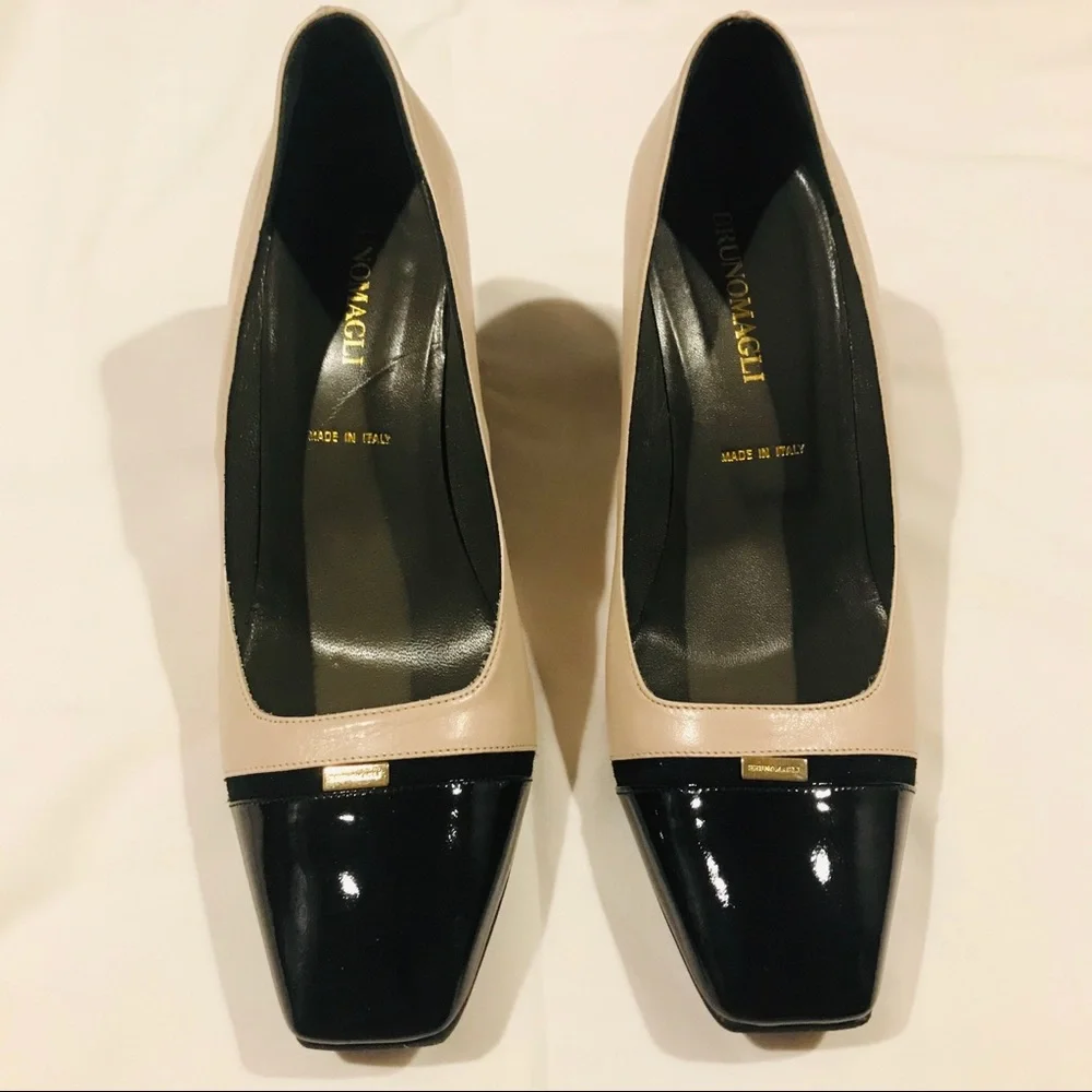 Bruno Magli Beige and Black Leather Mid-Heel Pumps